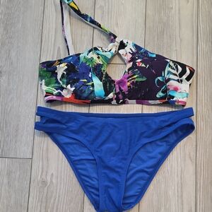 Express Floral Print Halter Bikini Top with Royal Blue Bottom